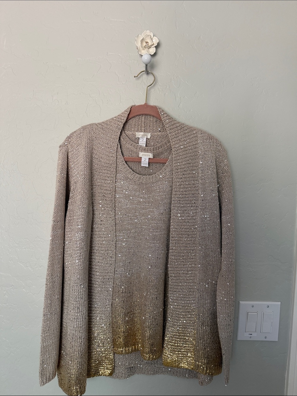 Chico's Beige Sweater and Cardigan Set with Gold Ombre